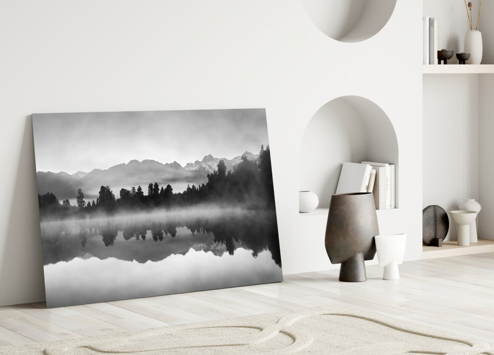 Misty Lake glass wall art styled above a credenza in a master bedroom