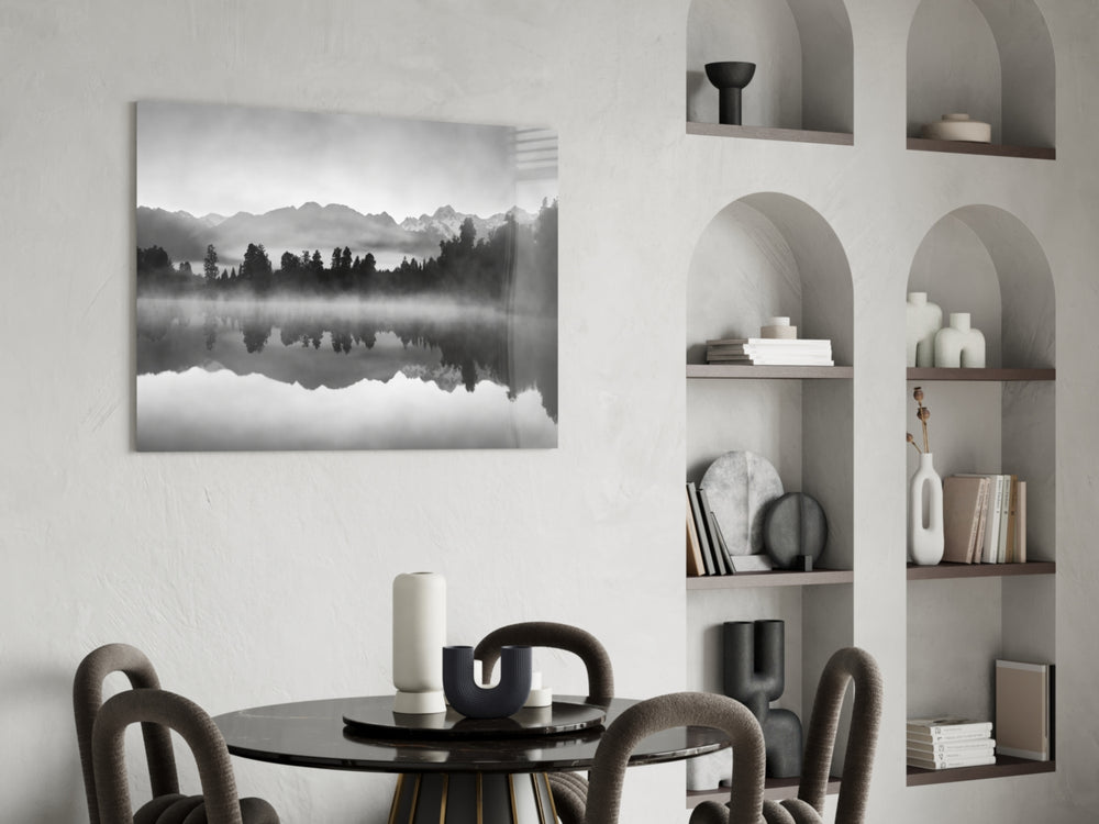 Misty Lake glass print enhancing a living room with editorial drama