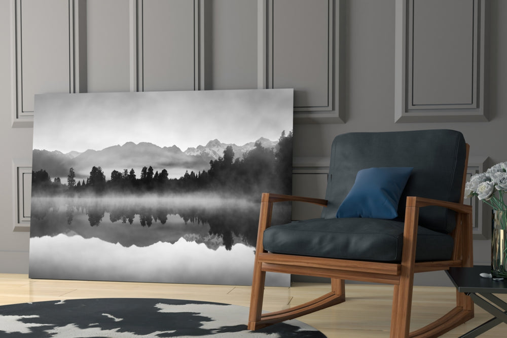 Misty Lake artwork anchoring a wall with serene monochrome palette