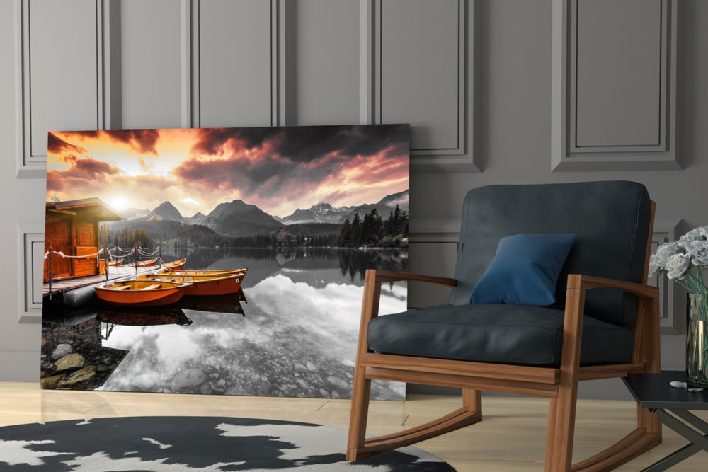 Sunrise Lake artwork anchoring a wall with serene alpine palette