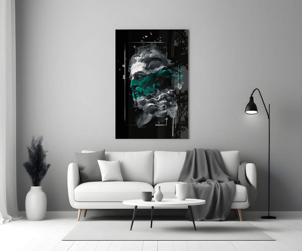 Emerald Poseidon glass wall art styled above a credenza in a study