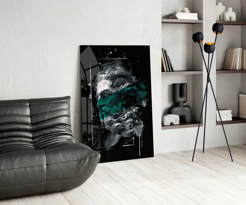 Emerald Poseidon glass print enhancing a foyer with cinematic drama