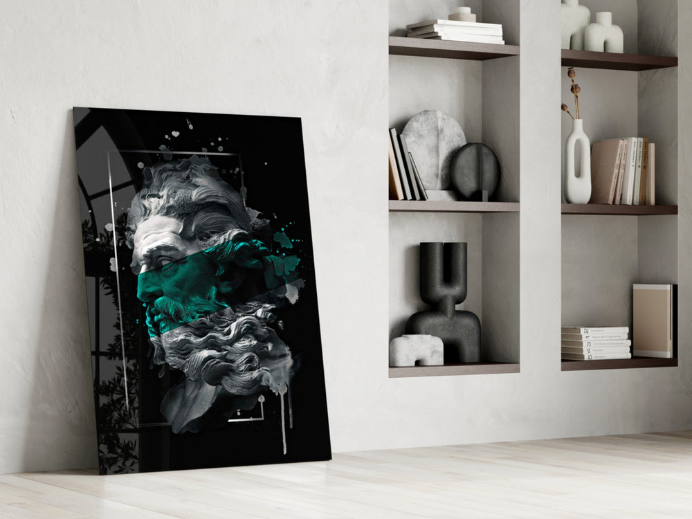 Emerald Poseidon artwork anchoring a wall with moody mythic palette