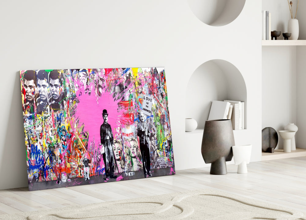 Cinema Pop glass wall art styled above a sofa in a creative office