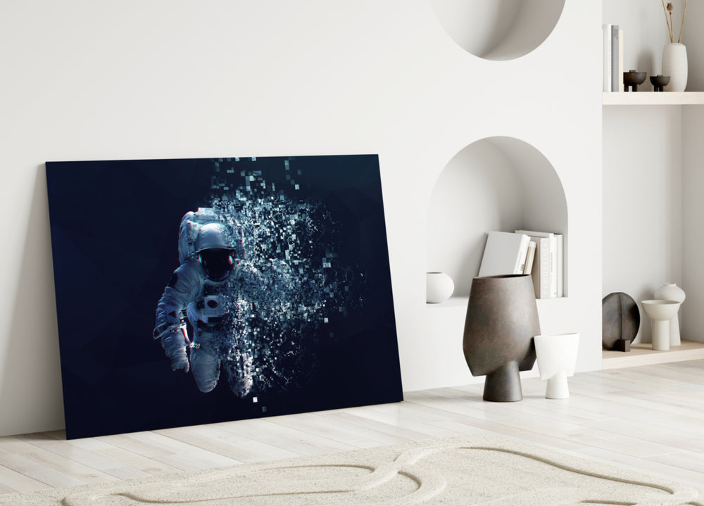 Pixel Astronaut glass wall art styled above a desk in a gaming room