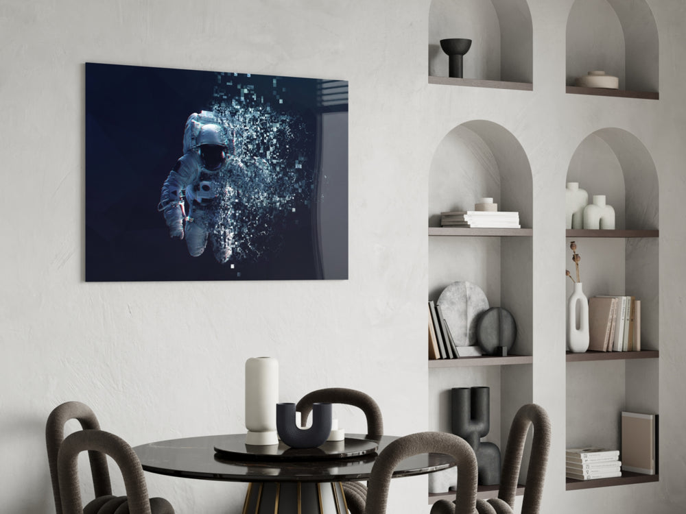 Pixel Astronaut glass print enhancing a man's office with cinematic drama