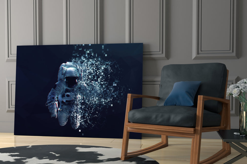 Pixel Astronaut artwork anchoring a wall with cyber futurist palette