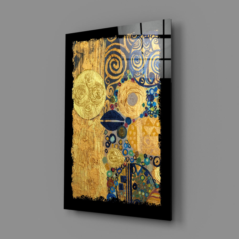 Golden Klimt close-up showing gold spirals over indigo geometric patterns