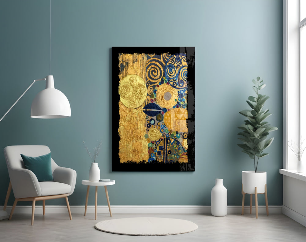 Golden Klimt panel adding editorial mood to a dining room