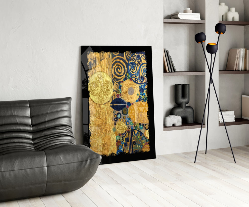 Golden Klimt glass print enhancing a hallway with cinematic drama