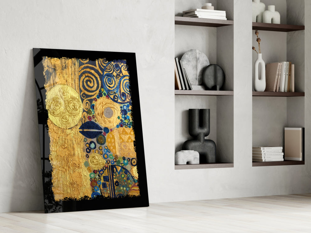 Golden Klimt artwork anchoring a wall with luxe ornamental palette