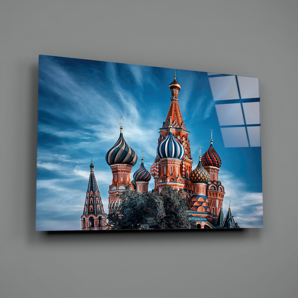Moscow Cathedral close-up showing red and blue onion domes against cobalt sky