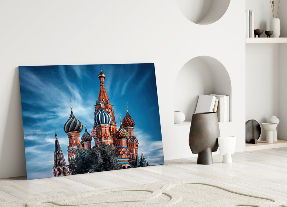 Moscow Cathedral glass wall art styled above a credenza in a living room