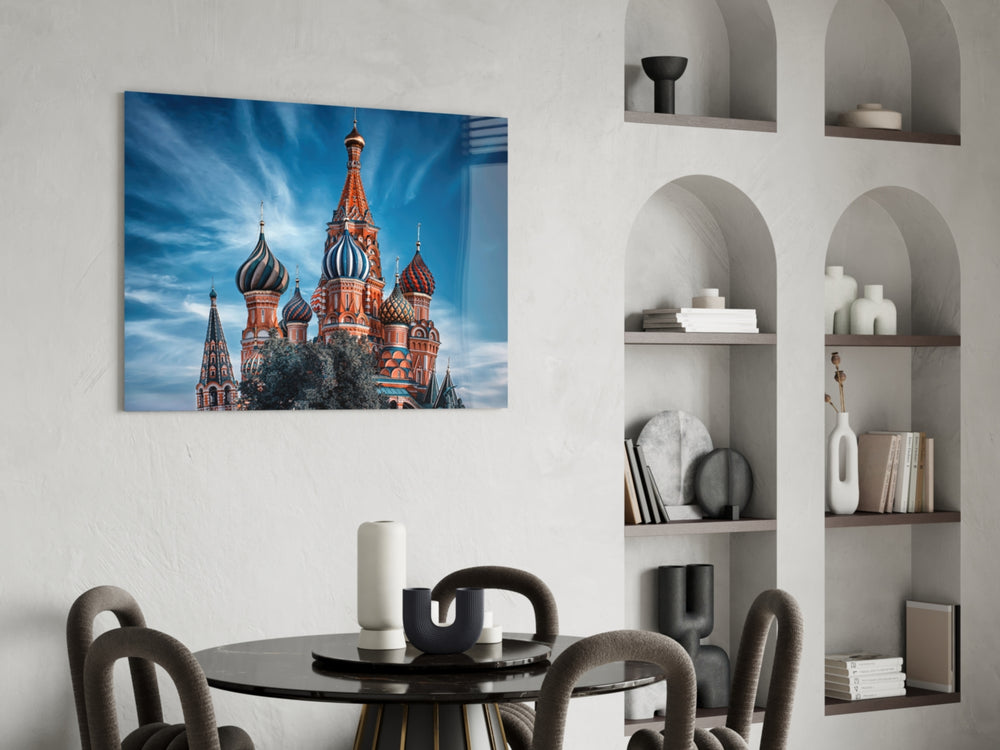 Moscow Cathedral glass print enhancing a dining room with cinematic drama