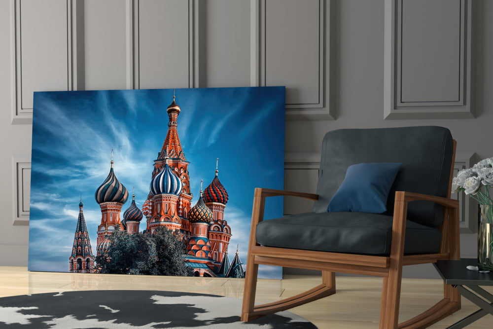 Moscow Cathedral artwork anchoring a wall with bold traveler palette