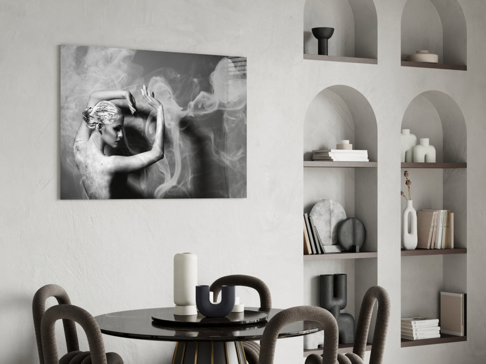 Smoke Dancer glass print enhancing a dressing area with cinematic drama