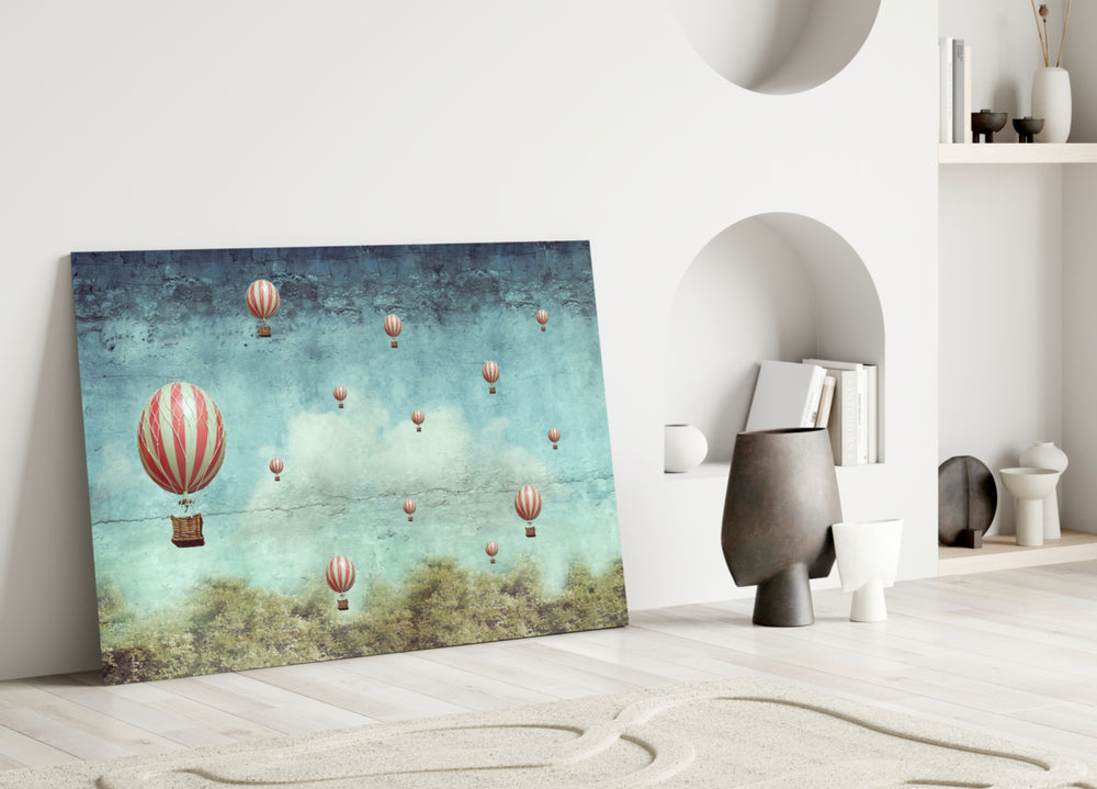Vintage Balloons glass wall art styled above a console in a study