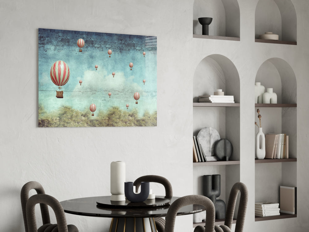Vintage Balloons glass print enhancing a hallway with editorial drama