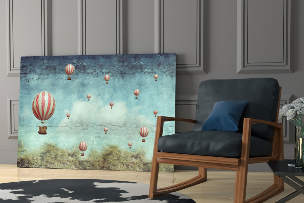 Vintage Balloons artwork anchoring a wall with nostalgic traveler palette