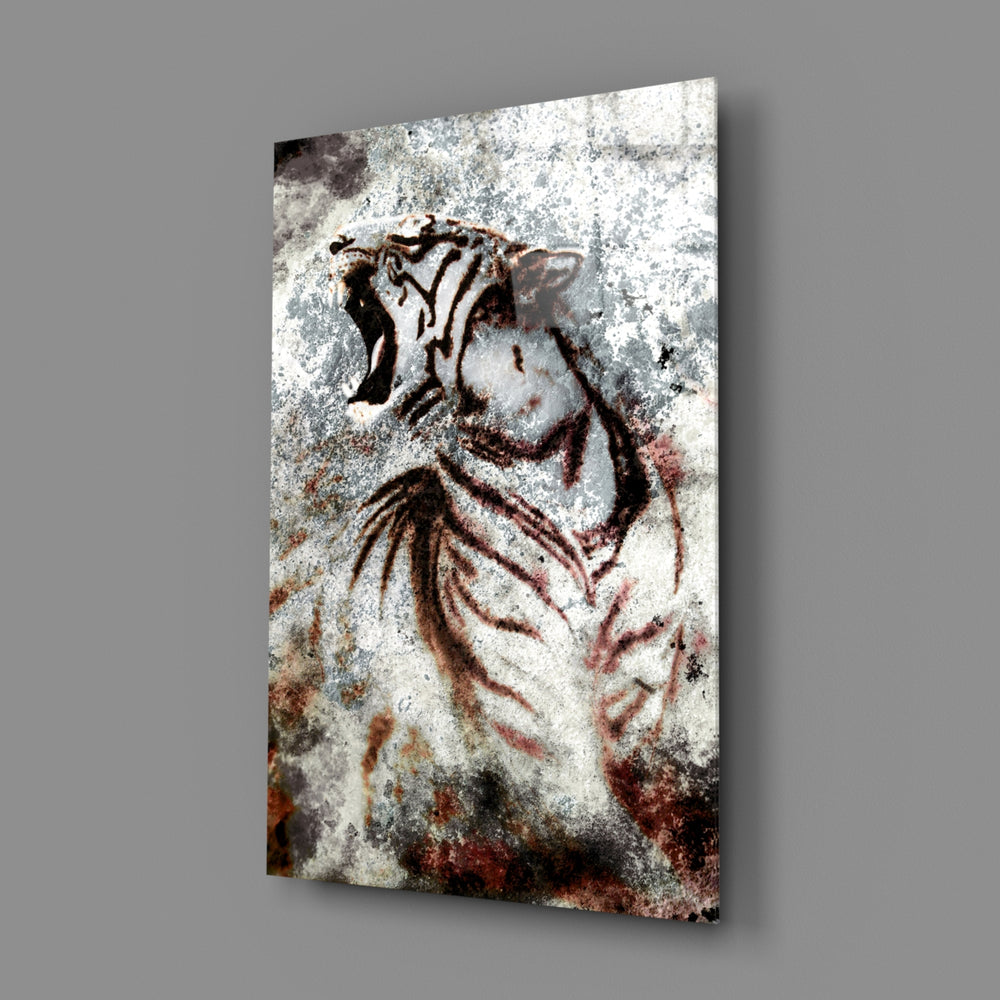 Grunge Tiger close-up showing fangs and stripes against grunge stone