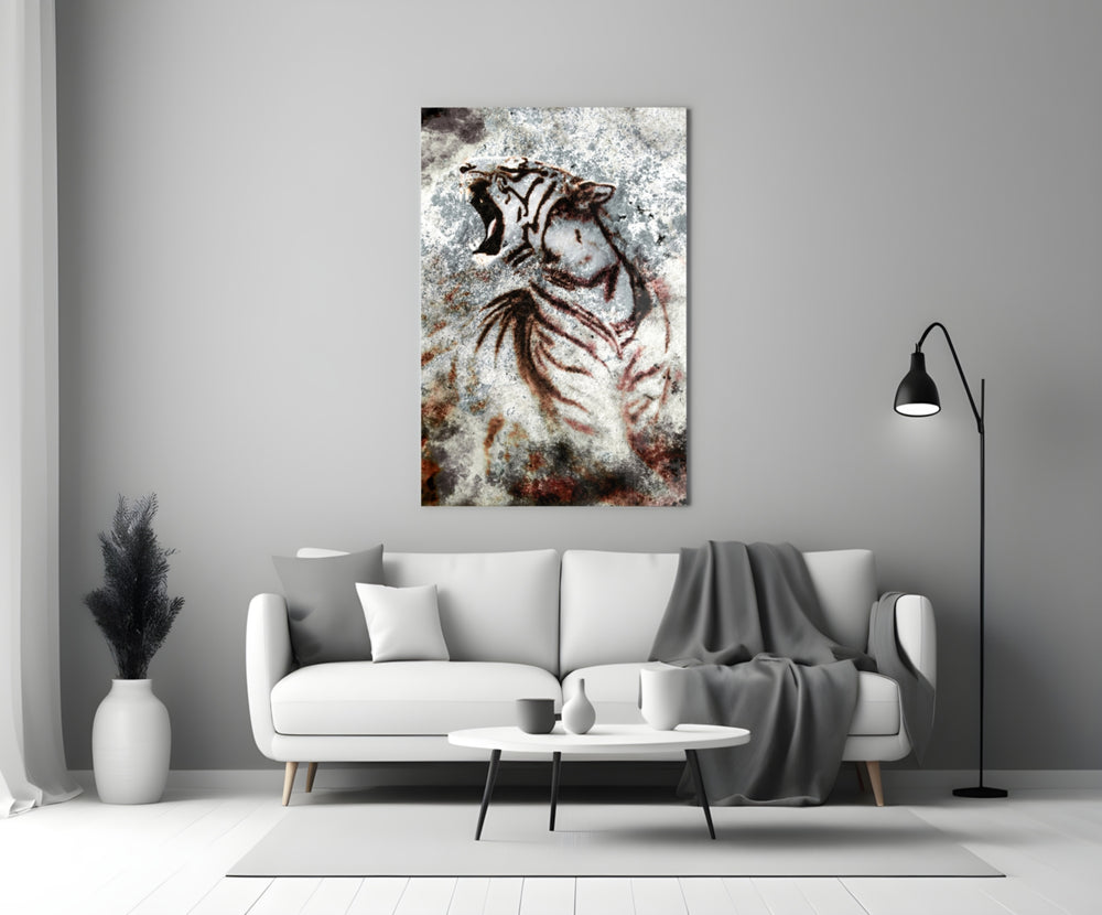 Grunge Tiger glass wall art styled above a side-table in a man cave