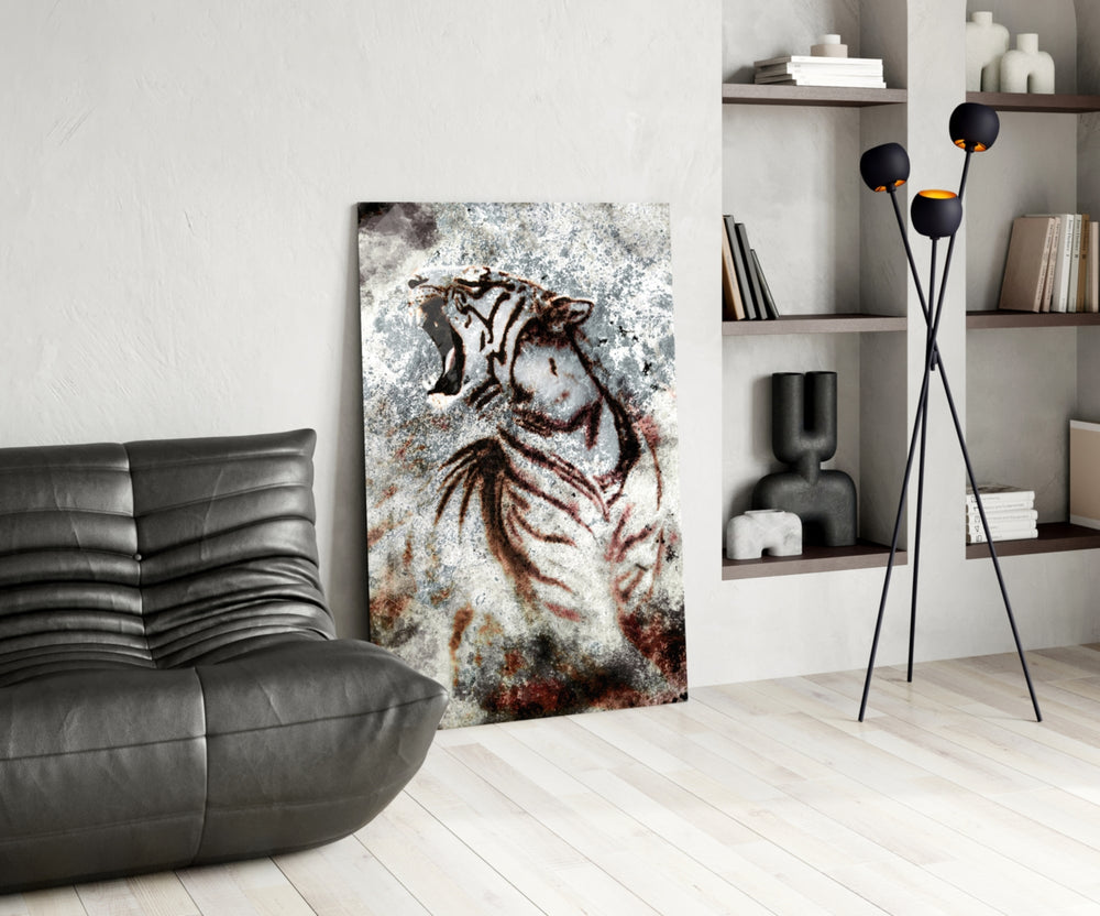 Grunge Tiger glass print enhancing a gaming room with cinematic drama