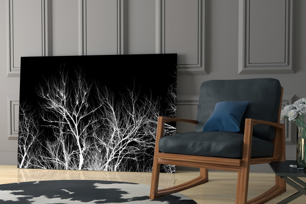 Night Trees artwork anchoring a wall with moody biophilic palette