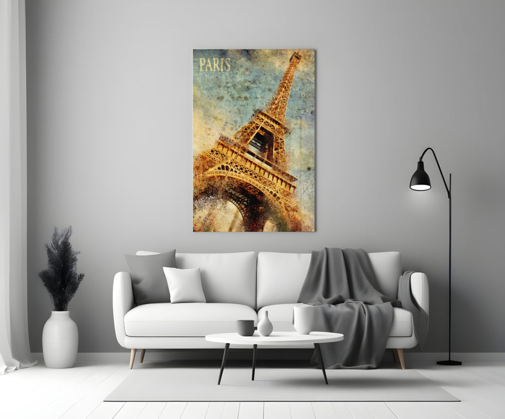 Paris Poster glass wall art styled above a sofa in a hallway