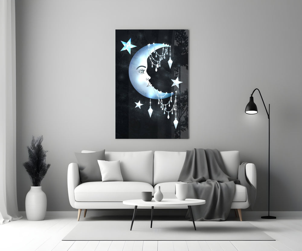 Crescent Garland glass wall art styled above a bed in a master bedroom