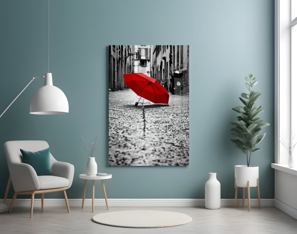 Red Umbrella panel adding editorial mood to a master bedroom