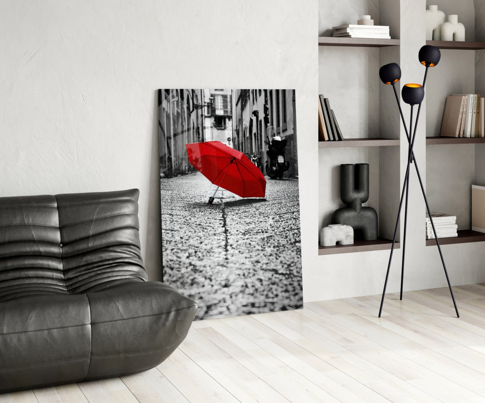 Red Umbrella glass print enhancing a dining room with cinematic drama