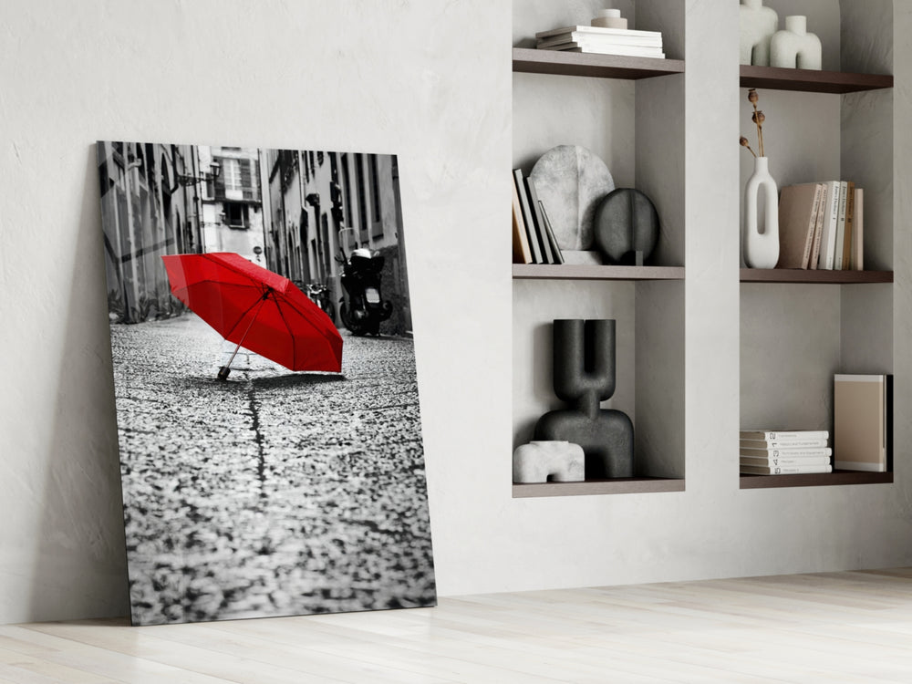 Red Umbrella artwork anchoring a wall with moody romantic palette