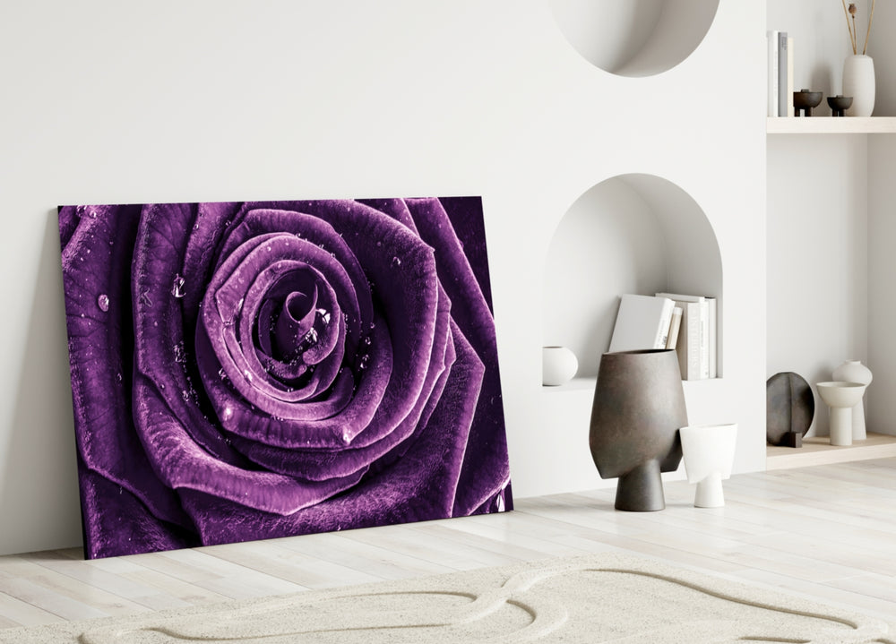 Purple Rose glass wall art styled above a bed in a master bedroom