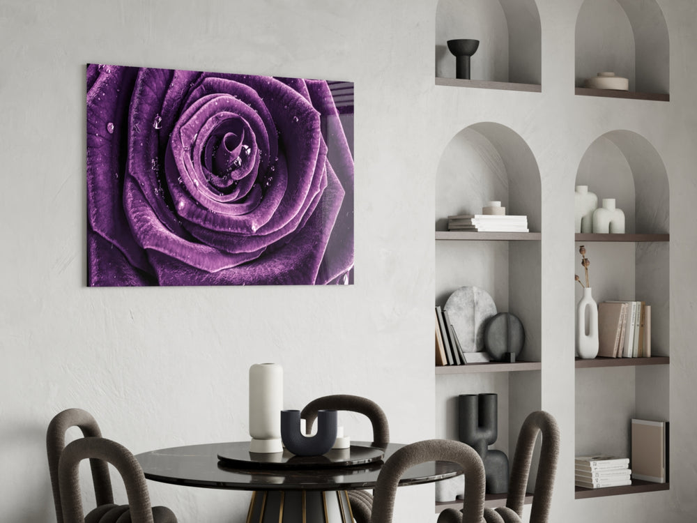 Purple Rose glass print enhancing a dining room with editorial drama