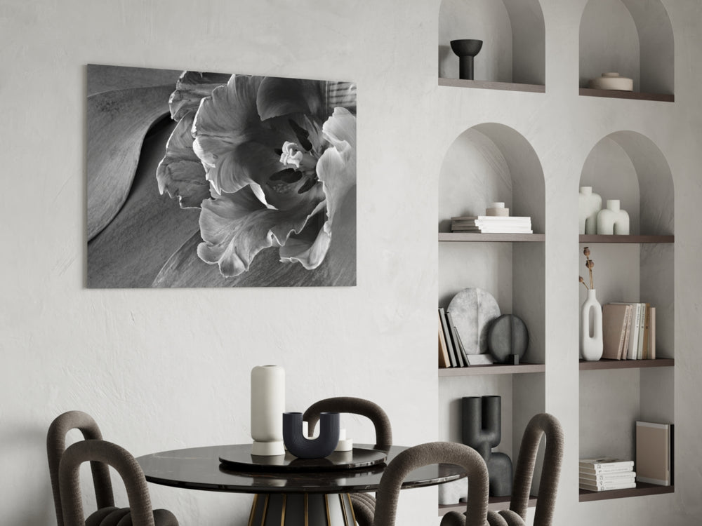 Monochrome Tulip glass print enhancing a hallway with editorial drama