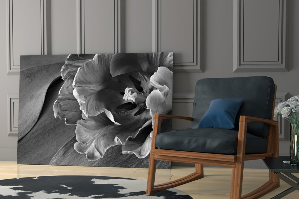 Monochrome Tulip artwork anchoring a wall with elegant minimal palette