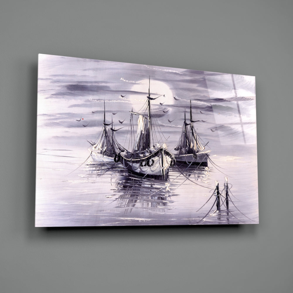 Moonlit Fleet close-up showing silhouetted masts above lavender water