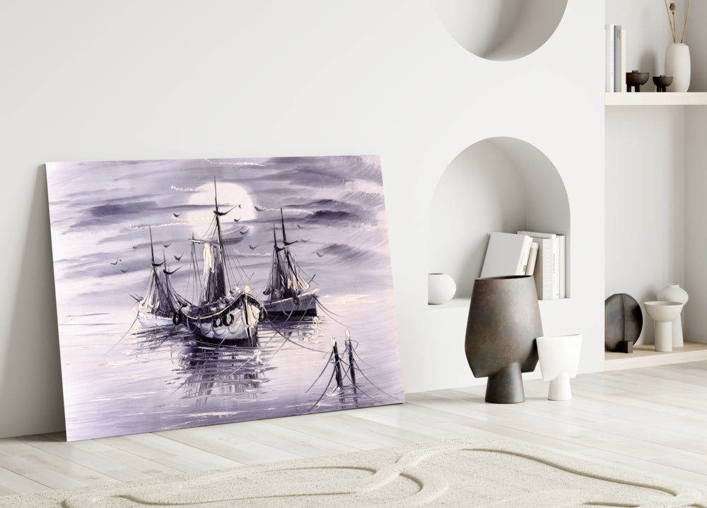 Moonlit Fleet glass wall art styled above a console in a hallway