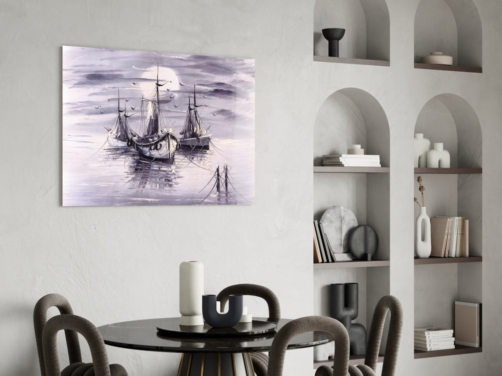 Moonlit Fleet glass print enhancing a dining room with editorial drama