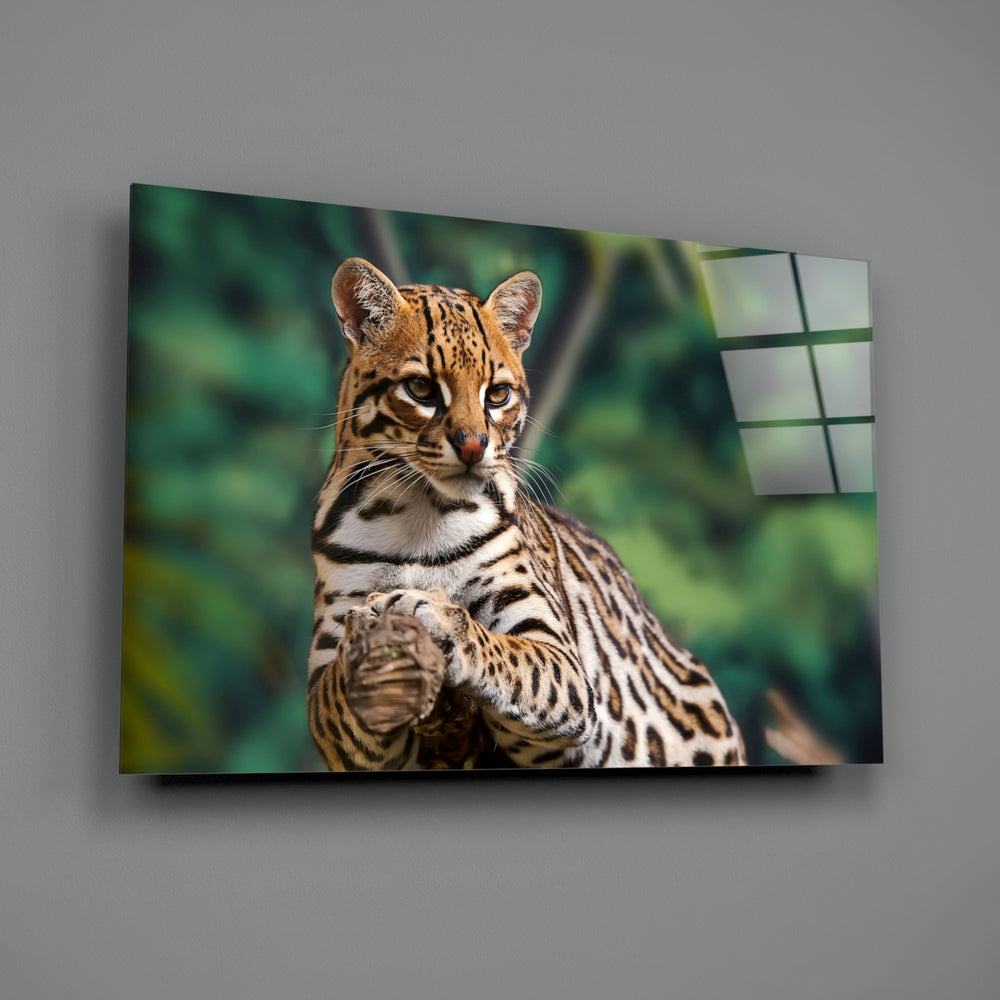 Ocelot Gaze close-up showing spotted rosettes against emerald jungle blur