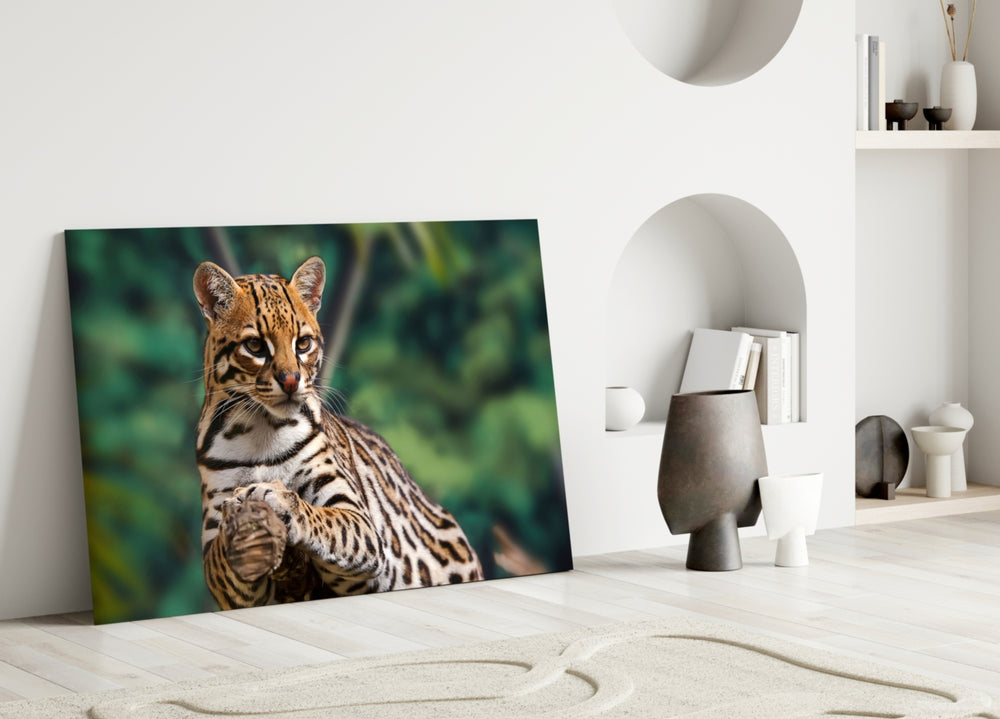 Ocelot Gaze glass wall art styled above a console in a kids room