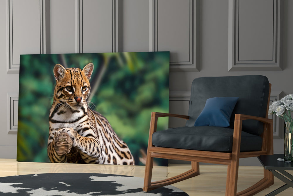 Ocelot Gaze artwork anchoring a wall with biophilic wildlife palette