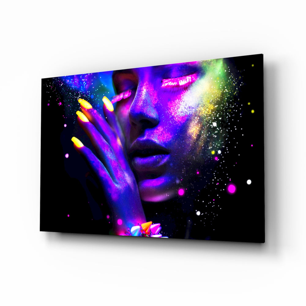 Neon-portrait panel bringing bold drama to a contemporary lounge