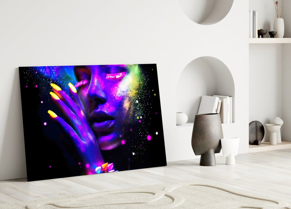UV Glow glass wall art styled above a sofa in a bar