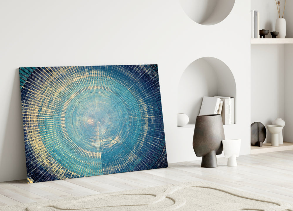 Mosaic Rings glass wall art styled above a credenza in a living room