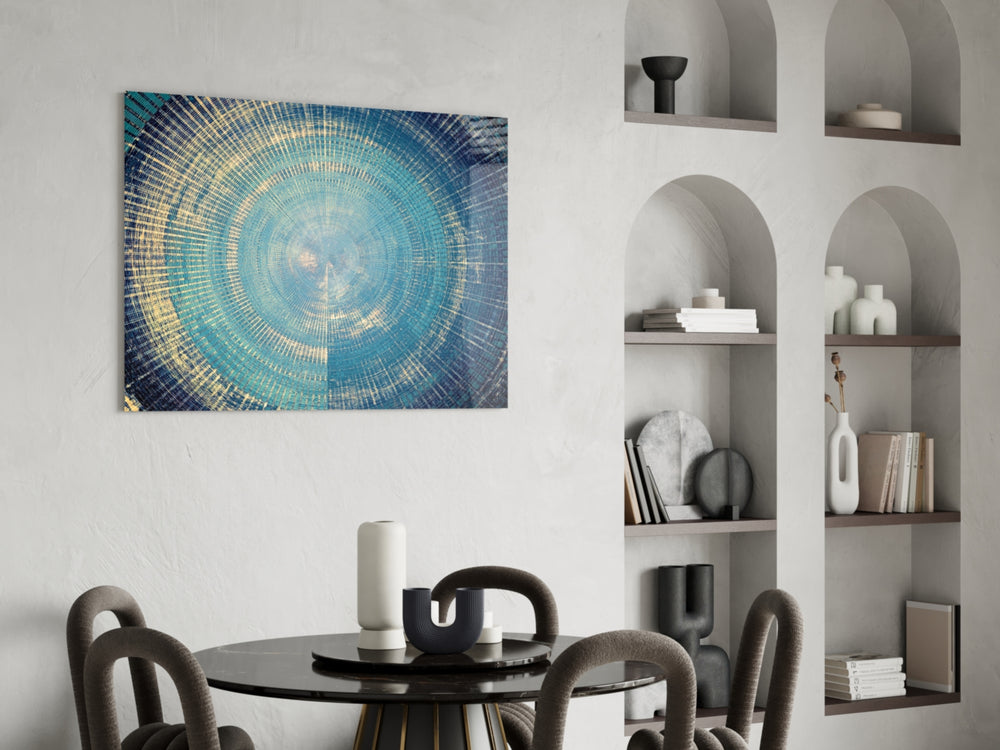 Mosaic Rings glass print enhancing a bathroom with cinematic drama