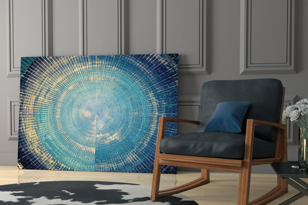 Mosaic Rings artwork anchoring a wall with luxe radial palette
