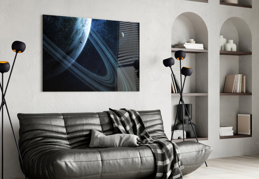 Ringed Saturn panel adding editorial mood to a teen room