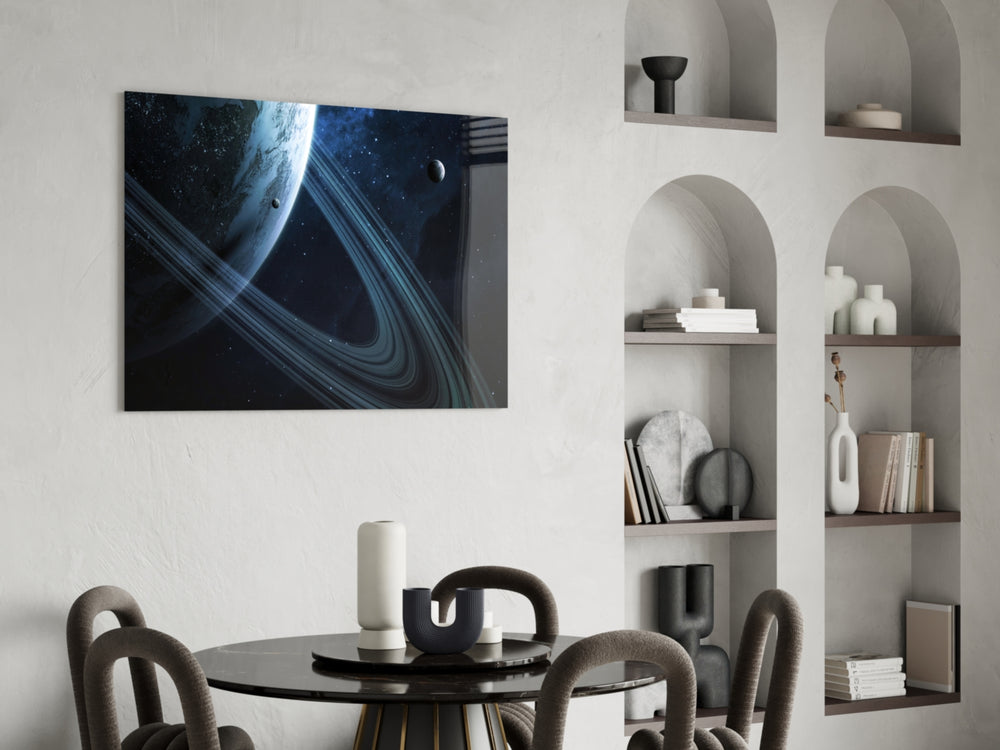 Ringed Saturn glass print enhancing a study with cinematic drama