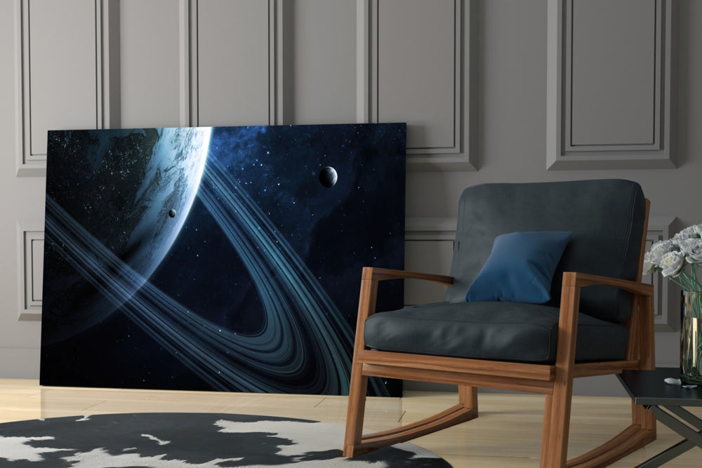 Ringed Saturn artwork anchoring a wall with cosmic mystical palette